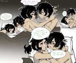 1boy 1girls 2d andrew_graves ashley_graves bed black_hair blush brother_and_sister choker dialogue english_text eye_contact female finger_on_lip green_eyes imminent_kiss incest male pink_eyes ponytail sea-lean siblings sleeping straight the_coffin_of_andy_and_leyley