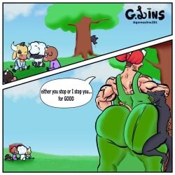 against_wall ass_against_wall ass_attack bbw bbw_mom big_ass big_breasts comic cow_ears cow_girl cow_horns cow_pattern cow_tail fat_ass fat_boobs g.lins minotaur minotaur_female muscle_mommy muscles oc slammed_against_wall_by_ass slamming speech_bubble werewolf wolf