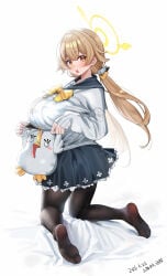 1girl aged_up big_breasts blonde_hair blue_archive halo hifumi_(blue_archive) long_hair peroro_(blue_archive) shangdi_de_fa_zhang skirt