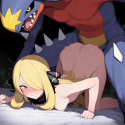 1boy 1girls ai_generated all_fours blonde_hair blush breasts clenched_teeth cynthia_(pokemon) garchomp grey_eyes hair_over_one_eye nude parkinson_(ai_artist) pokemon pokemon_dppt pokephilia pussy_juice sex sex_from_behind sweat tears top-down_bottom-up