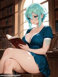 1girl ai_generated aqua_dress aqua_eyes aqua_hair arlequin097 arm_tattoo bare_legs blue_dress blue_eyes book bookshelf breasts chair cleavage closed_mouth collarbone crossed_legs dress feet_out_of_frame hair_between_eyes holding holding_book indoors lace-trimmed_dress lace_trim large_breasts library lips looking_down on_chair open_book reading shiny_skin short_dress short_hair short_sleeves shoulder_tattoo sidelocks sinon sitting solo sunlight sword_art_online tattoo thighs window