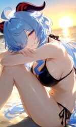ai_generated beach bikini ganyu_(genshin_impact) genshin_impact head_on_arm head_on_arms impacter looking_at_viewer on_beach sand side_view sitting sitting_down smiling smiling_at_viewer sunset