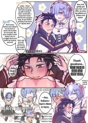 anime_nosebleed breasts cleavage comic dialogue english_text looking_at_viewer maid maid_headdress maid_outfit maid_uniform natsuki_subaru nosebleed re:zero_kara_hajimeru_isekai_seikatsu rem_(re:zero) text text_bubble top_view