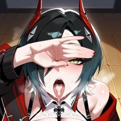1girl after_fellatio ai_generated arm_up azur_lane bare_shoulders black_hair black_jacket blush breasts clothing covering_face covering_one_eye covering_own_eyes cross cum cum_in_mouth cum_on_tongue cumdrip facial female fingernails from_above hair_over_one_eye hand_over_eye horns indoors iron_cross jacket large_breasts long_fingernails long_sleeves looking_at_viewer lunaart mechanical_horns multicolored_hair nail_polish off_shoulder open_mouth oral_invitation red_horns red_nails saliva short_hair slit_pupils solo stray_pubic_hair sweat teeth tile_floor tiles tongue tongue_out tongue_piercing two-tone_hair ulrich_von_hutten_(azur_lane) upper_body upper_teeth_only white_hair yellow_eyes