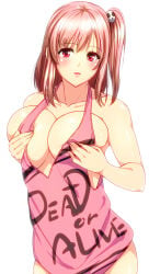 1girl 846-gou bad_id bad_pixiv_id big_breasts blush blushing breasts breasts_squeezed_together cleavage collarbone dead_or_alive grabbing_own_breast hair_ornament hair_up highres honoka_(doa) large_breasts light_blush long_hair looking_at_viewer one_side_up parted_lips photoshop_(medium) pink_hair red_eyes side_ponytail skull_hair_ornament skull_ornament solo tank_top white_background