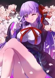 1girls bb_(fate) big_breasts breasts cleavage clothed clothing crossed_legs eyebrows eyebrows_visible_through_hair eyelashes fate/extra_ccc fate/grand_order fate_(series) female female_focus female_only flower huge_breasts large_breasts light-skinned_female light_skin long_hair looking_at_viewer one_eye_closed peace_sign petals pink_eyes pink_hair ribbon sitting smile solo solo_female solo_focus thick_thighs thighs v