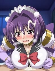 1boy 1girls ai_generated blush bow breasts choker cum cum_on_breasts cum_on_face cum_on_hair cum_pool e-plus ejaculation facial hair_intakes hair_ornament headdress heavy_breathing large_breasts magical_girl mahou_senshi_(series) open_mouth paizuri paizuri_under_clothes pink_eyes pov puffy_sleeves purple_hair short_sleeves straight sweet_kiss tears wavy_mouth white_shirt yuzuki_kanaha
