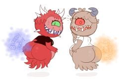 2017 2girls anthro anthro_female ass ass_crack belly big_ass big_belly big_booty big_butt black_shirt blue_fart boobs booty breasts brown_skin butt butt_crack cacodemon cacodemon_(doom) chubby chubby_female demon demon_girl doom drawful-s eyelashes fart fart_cloud fart_fetish grabbing_ass grabbing_own_ass green_eyes hair hand_on_ass horns id_software looking_at_viewer looking_back microsoft multiple_girls notice_lines noticing one_eye orange_fart red_eyes red_skin sharp_teeth small_shirt smile smiling smiling_at_viewer thick_hips white_shirt wide_mouth