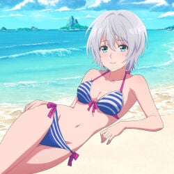 1girls bare_legs bare_shoulders beach blue_eyes blushing cleavage collarbone kikuchi_fuuka laying_back laying_down looking_at_viewer lounging medium_breasts ocean short_hair silver_hair smiling string_bikini striped_bikini