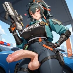 1futa abs ai_generated balls blush crossdressing dickgirl functionally_nude futa_focus futa_only futa_sans_pussy futanari girly gun heart holding_weapon hoyoverse ian8766_(artist) imminent_sex intersex mihoyo officer penis police pov pubic_hair public rule_63 self_upload sissy submissive_pov taker_pov teasing testicles trap zenless_zone_zero zhu_yuan