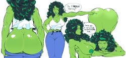 4th_wall_breaking areolae ass ass_focus bent_over big_ass big_breasts blue_pants breasts green_hair green_lips green_nipples green_skin looking_at_viewer marvel marvel_comics muscular muscular_female nude nude_female poking_ass she-hulk white_background white_shirt white_tank_top witchparfait