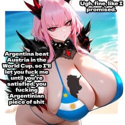 1female 1girl 1girls ai_generated argentina argentine_flag argentinian_flag argentinian_flag_bikini argentinian_flag_print beaned_clothing big_ass big_breasts big_butt bikini boobs breasts bronzed caption dark-skinned_male dark_skin english_text huge_ass huge_breasts huge_butt implied_male latino latino_male latino_male_white_female light-skinned_female light_skin oc owned_by_argentina pink_hair raceplay racism racist racist_woman red_eyes short_hair spiced text tits white_female