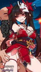 1boy 1girl 1girls ai_generated angry black_hair blurry_background bottomless captured captured_female clenched_teeth defeated defeated_female english english_text faceless_male forced honkai:_star_rail humiliation long_hair mask_on_head medium_breasts no_panties outdoors penetration pussy_juice rape rasilinai sex sex_from_behind shaded_face sparkle_(honkai:_star_rail) stable_diffusion tagme text thighs twintails uncensored vaginal vaginal_penetration vaginal_sex
