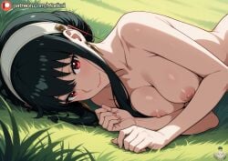 1girl ai_generated anime anime_coloring ass beautiful black_hair breasts cute female female_focus girly looking_at_viewer lying lying_on_side morikoi nice_tits nude nude_female nudity red_eyes spy_x_family woman yor_briar