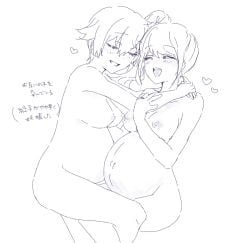 2girls arms_around_neck blush canon_genderswap closed_eyes completely_nude embrace female female_only genderswap_(mtf) ginko_sakata gintama gintoki_sakata hug married_couple medium_breasts monochrome multiple_pregnancies nude okita_sougo okita_souko ponytail pregnant rule_63 shirogu side_ponytail sketch smile very_short_hair wedding_ring wholesome wife_and_wife wives yuri
