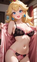 abdomen ai_generated black_lace blonde_hair blue_earrings blue_eyes breasts cleavage crown erect_nipples happy hips lingerie long_hair looking_at_viewer mario_(series) mario_bros navel navel_piercing open_mouth open_robe pink_bra pink_lingerie pink_panties pixai princess_peach royalty seductive silk_robe thighs waifu waist