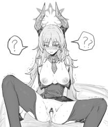 1girl ? after_sex after_vaginal bar_censor blue_archive blush breasts breasts_apart breasts_out censored clothes_pull commentary_request cum cumdrip detached_collar dokunasubi dress dress_pull greyscale groin halo highres horns long_hair looking_at_viewer medium_breasts monochrome motion_lines necktie nose_blush pussy satsuki_(blue_archive) short_dress short_necktie sitting solo spoken_question_mark spread_legs sweat thighhighs trembling very_long_hair