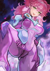 1girl :d absurdres bodysuit breasts commentary_request dated earrings female_villain freckles freckles_on_face from_below ginger ginger_female ginger_hair gloves gluteal_fold green_eyes groin gundam gundam_00 hair_between_eyes highres jewelry large_breasts legs_apart legs_spread long_hair looking_at_viewer mecha_pilot_suit multicolored_bodysuit nena_trinity okrdisk2000 open_mouth pink_bodysuit pink_gloves purple_bodysuit red_hair sidelocks skin_tight smile solo spread_legs standing taut_bodysuit taut_clothes teeth two-tone_bodysuit two_side_up upper_teeth_only villainess yellow_eyes