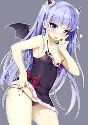 blush breasts clothing collarbone covered_navel cute_fang demon_girl demon_horns demon_wings erect_nipples eyebrows eyebrows_visible_through_hair female heart heart-shaped_pupils highres horns lingerie long_hair looking_at_viewer new_game! nipples no_bra one_breast_out panties ribbon shuffle_(songdatiankong) side-tie_panties simple_background small_breasts solo strap_slip succubus suzukaze_aoba symbol-shaped_pupils tied_hair twintails underwear wings