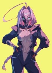 1girls blue_eyes color cyberpunk:_edgerunners cyberpunk_2077 cyberpunk_girl cyborg cyborg_girl female female_focus female_only hi_res long_hair looking_at_viewer pink_hair slim_waist solo solo_female talia_yang tan_body tan_skin thick_thighs