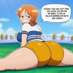 1girls ai_generated big_breasts clothed clothed_female english_text eyes_open female female_focus female_only light-skinned_female light_skin light_skin_female light_skinned_female looking_back looking_back_at_viewer nami_(one_piece) novelai one_piece open_eyes orange-haired_female orange_hair orange_hair_female orange_shorts shirt short-haired_female short_hair short_hair_female smug smug_expression smug_face smug_smile speech speech_bubble splits teeth teeth_showing text text_bubble