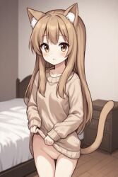 ai_generated brown_eyes cat_ears cat_tail catgirl female female_only girl light_brown_hair long_hair petite pussy sweater sweater_lift thin
