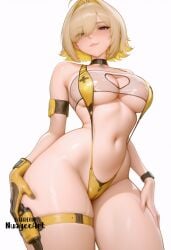 1girl ahoge ai_generated artist_name bangs bare_shoulders bikini black_choker blonde_hair breasts choker cleavage cleavage_cutout closed_mouth clothing_cutout collarbone cowboy_shot elegg_(boom_and_shock)_(nikke) elegg_(nikke) gloves goddess_of_victory:_nikke gun hair_over_one_eye heart_cutout holster large_breasts looking_at_viewer navel nuageeart one-piece_swimsuit purple_eyes questionable sensitive short_hair simple_background single_glove skindentation smile solo stomach swimsuit thigh_strap thighs watch weapon white_background yellow_gloves