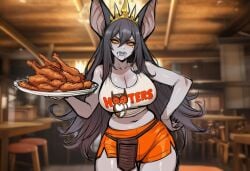 1girls ai_generated animal_ears bat_ears beauty_mark breasts clothed clothes clothing crown fangs female food grey_hair grey_lips hooters hooters_uniform horror horror_(theme) large_breasts long_hair monster_girl orabelle_(paigen) orange_eyes original original_character paigen pouch sharp_teeth shirt shorts undead vampire vampire_fangs vampire_girl