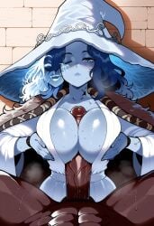 1boy 1girl abs ai_generated alternate_breast_size between_breasts blacked blue_eyes blue_hair blue_lips blue_skin blush breast_press breasts breasts_squeezed_together bunnyart02 cleavage cloak closed_mouth clothed_female_nude_male clothing colored_skin cracked_skin dark-skinned_male dark_penis dark_skin doll_joints dress elden_ring erection extra_arms extra_faces female fur_cape fur_cloak hat headwear hetero huge_penis interracial joints large_breasts large_hat large_penis lips long_hair looking_at_viewer male muscular one_eye_closed paizuri penis pov_crotch ranni_the_witch solo_focus steaming_body straddling_paizuri sweat veins veiny_penis white_dress white_headwear witch witch_hat