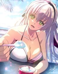 beach big_breasts bikini black_swimsuit breasts breasts_on_table brown_eyes eiyuu_densetsu elie_macdowell female green_eyes hajimari_no_kiseki solo swimsuit the_legend_of_heroes tiny_d1 trails_of_(series) white_bikini white_hair zero_no_kiseki