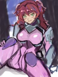 1girls female_villain freckles freckles_on_face ginger ginger_female ginger_hair gundam_00 large_breasts nena_trinity pilot_suit red-haired_female redhead redhead_female redheaded_female villainess yellow-eyed_female