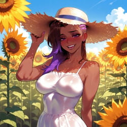 1girl 1girls ai_generated asymmetrical_hair balecxi bangs bare_shoulders blue_sky blush breasts brown_hair clothing cloud collarbone covered_navel covered_nipples curvaceous curvaceous_female curvaceous_figure curvy curvy_figure dark-skinned_female dark_skin day dress earrings eyeshadow fangs female female_focus field flower flower_field hand_on_headwear hat headwear impossible_clothes impossible_dress inviting inviting_to_sex jewelry large_breasts latina latina_female long_hair looking_at_viewer makeup medium_breasts mexican mexican_female mole mole_under_eye multicolored_hair nail_polish open_mouth outdoors overwatch overwatch_2 presenting presenting_breasts presenting_self purple_eyes purple_hair purple_nails seductive seductive_look seductive_smile shiny_clothes sidecut skin_tight sky sleeveless sleeveless_dress smile solo sombra spaghetti_strap straw_hat stud_earrings summer sun_hat sundress sunflower sunflower_field teeth two-tone_hair undercut upper_body very_dark_skin voluptuous voluptuous_female wet_dress white_dress yellow_flower