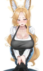1girl aged_up animal_ears big_breasts blonde_hair blue_archive blush huge_breasts looking_at_viewer pov seia_(blue_archive)