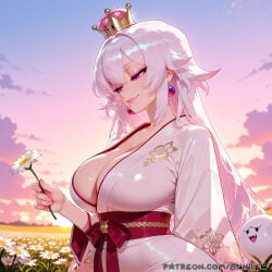 1girl 1girls ai_generated bangs blush booette boosette breasts breasts, bunilew camel_toe cameltoe cleavage clothed clothed_female crown curvy female female_focus female_only field flowers focus fringe fully_clothed grey_skin hair_ornament jewelry large_breasts light_skin mario_(series) nintendo nipples nipples_covered nipples_visible_through_clothing pink_eyes princess_king_boo pussy sfw solo solo_female solo_focus super_crown teeth tight_clothes tight_clothing uncensored white_hair white_skin