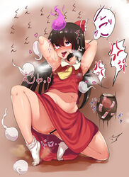 armpits arms_up female navel open_mouth pussy pussy_juice reimu_hakurei smell smelling socks stain sweat sweat_stain tongue touhou tsukki