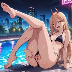 ai_generated barefoot beautiful beautiful_girl bikini black_bikini blonde blonde_female blonde_hair chainsaw_man foot_fetish foot_focus horns legs phibsai power_(chainsaw_man) reavealing tagme vagina vagina_peek