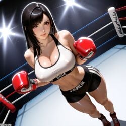 (titancore) adult ai_generated big_breasts black_hair boxing_gloves boxing_ring curvy_figure cute_girl female final_fantasy_vii girl long_hair red_eyes strong_female tifa_lockhart video_game_character
