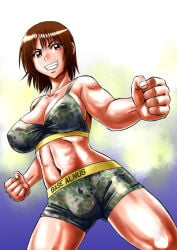 asian asian_female big_breasts breasts brown_eyes brown_hair camo_bottomwear camo_clothing camo_print camo_topwear erect_nipples erect_nipples_under_clothes gate_-_jieitai_ka_no_chi_nite_kaku_tatakaeri kuribayashi_shino looking_at_viewer outdoors sao_satoru shorts tank_top