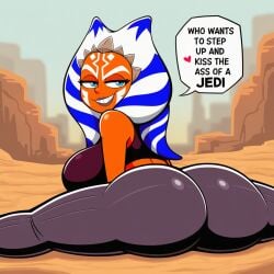 1girls ahsoka_tano ai_generated big_ass big_breasts big_butt blue-eyed_female blue_eyes clothed clothed_female eyes_open female female_focus female_only jedi looking_back novelai open_eyes orange-skinned_female orange_body orange_skin orange_skinned_female outdoors outside pants smug smug_expression smug_face smug_smile speech_bubble splits star_wars teeth teeth_showing text text_bubble
