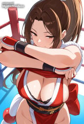 1girl ai_generated anime anime_style arm_guards artist_name bare_shoulders black_bra bra breasts brown_eyes brown_hair capcom cleavage closed_mouth fatal_fury fatal_fury:_city_of_the_wolves fatal_fury_2 fatal_fury_the_motion_picture hentai hi_res high_ponytail japanese_clothes king_of_fighters large_breasts long_hair looking_at_viewer mai_shiranui mystic_maidens ninja obi parted_bangs patreon patreon_username pelvic_curtain ponytail revealing_clothes rope sash seductive_smile sideboob smile snk solo street_fighter street_fighter_6 thighs underwear undressing