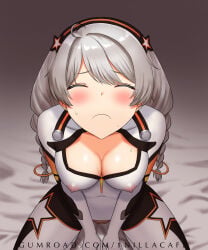 1girl 1nilla' ahoge bar_censor blue_eyes bodysuit braid breasts censored cleavage_cutout closed_eyes closed_mouth clothed_female_nude_male clothing_cutout commentary english_commentary gokkun headband hetero highres honkai_(series) honkai_impact_3rd kiana_kaslana kiana_kaslana_(white_comet) large_breasts long_hair male_pubic_hair nude penis pubic_hair twin_braids white_bodysuit white_hair