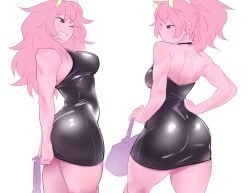 ass black_dress black_sclera boku_no_hero_academia breasts dress fit fit_female hair_tie hips hips_wider_than_shoulders holic_fz long_hair looking_at_viewer mina_ashido muscle_mommy muscles my_hero_academia nipple_bulge pink_skin post-timeskip shiny_clothes short_dress sleeveless sleeveless_dress thick_thighs thighs tied_hair tight_clothing tight_dress time_skip toned toned_female wide_hips yellow_eyes yellow_horns