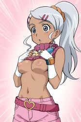 1girls ai_generated bakugan blush clothing exposed_breasts fingerless_gloves flashing_breasts julie_makimoto lifting_shirt midriff pinku.ai ponytail puffy_nipples pulling_clothing shorts simple_background sleeveless_shirt small_breasts white_hair