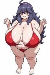 1girls :> ahoge ai_generated armpit_crease barefoot belly_overhang blush breasts_apart claw_pose curly_hair fat furrowed_brow hair_between_eyes hairband hands_up hex_maniac hex_maniac_(pokemon_xy) huge_breasts legs long_hair looking_at_viewer navel nipples overweight_female pale_skin parted_lips pokemon pokemon_xy purple_eyes purple_hair red_bikini ringed_eyes sagging_breasts sidelocks simple_background skindentation smile smiling_at_viewer smutma solo standing swept_bangs thick_thighs white_background