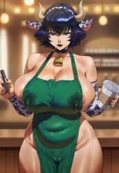 ai_generated apron areola_slip barista black_lipstick cameltoe covered_nipples cow_ears cow_girl cow_horns cowbell expressionless eyeshadow female goth goth_girl holding_cup holding_marker huge_breasts jagat_ai lactation lactation_through_clothes marker naked_apron original original_character plump septum_piercing solo