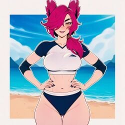1girls ai ai_assisted beach curvy curvy_figure fit fit_body fit_female league_of_legends pink_hair prussia123 sexy sexy_body sexy_clothing sexy_female skimpy skimpy_clothes smirk solo solo_female solo_focus sunny vastaya volleyball volleyball_uniform xayah