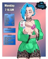 1girls blue_hair breast_out captain_zaddy drooling ear_piercing english english_text exposed_breast eyebrows_visible_through_hair eyelashes_visible_through_hair eyes_visible_through_hair female freckles freckles_on_face freckles_on_shoulders gold_nipple_piercing green_nail_polish groggy hi_res highres holding_mug jinx_(league_of_legends) league_of_legends monday necklace nipple_piercing nose_piercing pierced_nipples pink_eyes riot_games robe robe_only rpg silk_robe simple_background sleepwear small_breasts solo solo_female status_effect text thick_thighs thought_bubble tongue_piercing