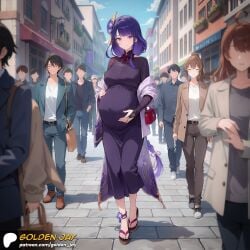 ai_generated big_breasts braid dressed genshin_impact golden_jay holding_belly holding_pregnant_belly long_hair looking_at_viewer outdoors parody pregnant pregnant_belly public purple_eyes purple_hair raiden_shogun smiling