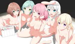 16:9 16:9_aspect_ratio 5girls absurd_res adjusting_hair all_fours aqua_hair arm_behind_back arm_on_head arm_support arm_up ass bang_dream! bang_dream!_girls_band_party! bare_shoulders barefoot belly blonde_hair blue_eyes board braids breasts brown_hair casual_nudity closed_mouth collarbone completely_nude completely_nude_female double-parted_bangs double_v ears eyebrows_visible_through_hair female female_focus female_only from_above gradient_background green_eyes grey_background groin hair_bow half_updo hand_on_floor hand_on_hair hand_on_head hands_on_floor japanese_text kneeling landscape long_hair looking_at_viewer lower_teeth medium_breasts medium_hair multiple_girls navel nipples nude nude_female one_eye_closed open_mouth pastel_palettes_(bang_dream!) photoshop pink_eyes pink_hair pointing purple_eyes sagging_breasts shadow short_hair side_braid simple_background sitting sitting_on_stage smile stage stage_lights straight_hair swept_bangs teeth thighs third-party_edit tied_hair twin_braids twintails upper_teeth v_sign wariza white_board white_hair whiton44 wink winking winking_at_viewer wispy_bangs