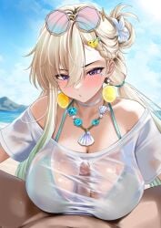 1boy 1girl absurdres aqua_bikini bikini bikini_top_under_shirt bikini_under_clothes blonde_hair blue_sky blush braid braided_bangs breasts closed_mouth clothed_sex commentary day erection eyewear_on_head flower fruit_earrings hair_between_eyes hair_flower hair_ornament hetero highres jewelry large_breasts long_hair looking_at_viewer low_twintails lynae_(wuthering_waves) m_(1n910) necklace official_alternate_costume outdoors paid_reward_available paizuri paizuri_under_clothes penis pov purple_eyes round_eyewear see-through_clothes see-through_shirt shirt sky sunglasses swimsuit twintails white_flower white_shirt wuthering_waves